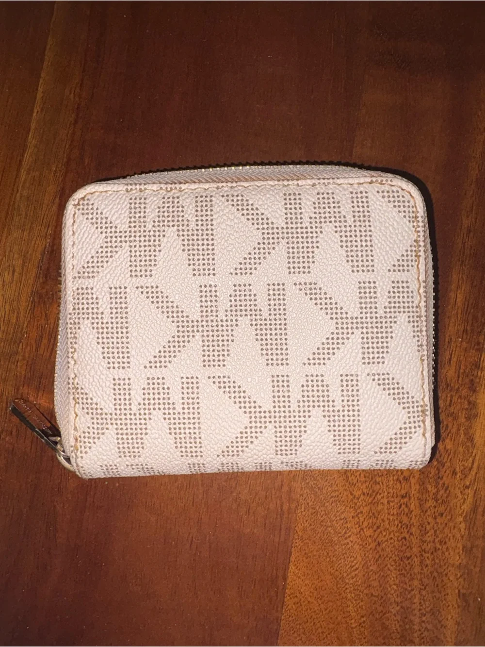 Michael Kors Cream Logo Zip Wallet with Gold Plaque